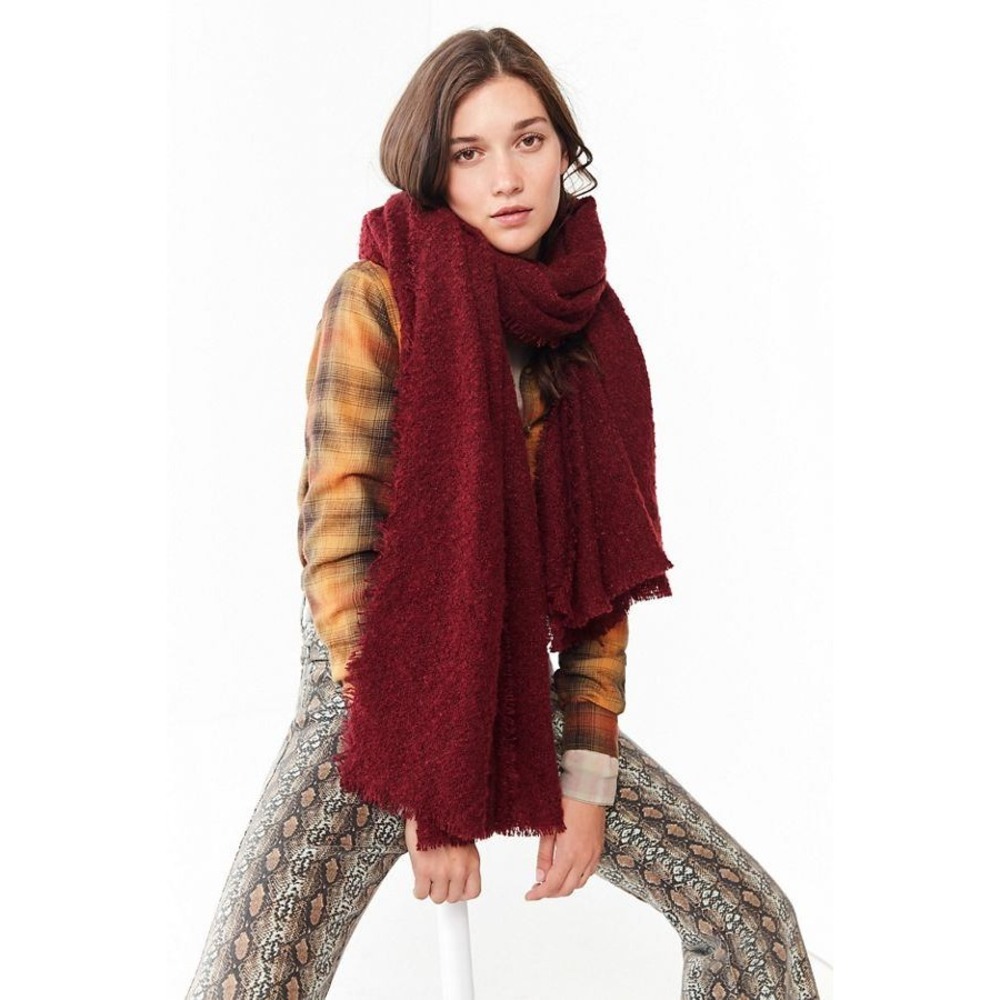 Free People Oversized layering Scarf Boho Cozy Frayed Burgundy Wine Red OS